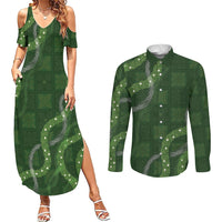 Hawaiian Quilt Couples Matching Summer Maxi Dress and Long Sleeve Button Shirt Pele Hair Hinahina Lei Green Version