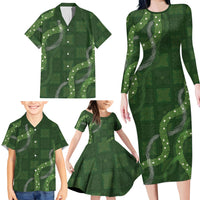 Hawaiian Quilt Family Matching Long Sleeve Bodycon Dress and Hawaiian Shirt Pele Hair Hinahina Lei Green Version LT05 - Polynesian Pride
