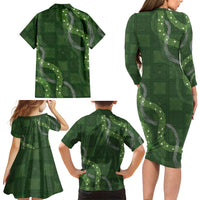 Hawaiian Quilt Family Matching Long Sleeve Bodycon Dress and Hawaiian Shirt Pele Hair Hinahina Lei Green Version LT05 Mom's Dress Green - Polynesian Pride