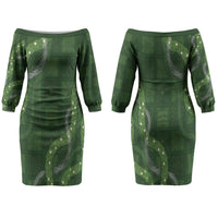 Hawaiian Quilt Family Matching Off The Shoulder Long Sleeve Dress and Hawaiian Shirt Pele Hair Hinahina Lei Green Version LT05 Mom's Dress Green - Polynesian Pride