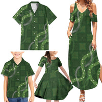 Hawaiian Quilt Family Matching Summer Maxi Dress and Hawaiian Shirt Pele Hair Hinahina Lei Green Version