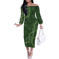 Hawaiian Quilt Off The Shoulder Long Sleeve Dress Pele Hair Hinahina Lei Green Version LT05 Women Green - Polynesian Pride