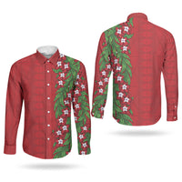 Tonga Language Week Couples Matching Off Shoulder Maxi Dress and Long Sleeve Button Shirt Heilala Floral Red LT05 - Polynesian Pride