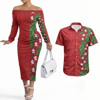 Tonga Language Week Couples Matching Off The Shoulder Long Sleeve Dress and Hawaiian Shirt Heilala Floral Red LT05 Red - Polynesian Pride