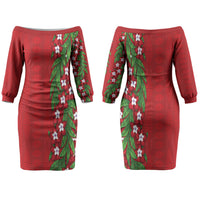 Tonga Language Week Couples Matching Off The Shoulder Long Sleeve Dress and Hawaiian Shirt Heilala Floral Red LT05 - Polynesian Pride