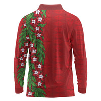 Tonga Language Week Long Sleeve Polo Shirt Heilala Floral Red LT05 - Polynesian Pride