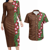 Tonga Language Week Couples Matching Long Sleeve Bodycon Dress and Hawaiian Shirt Heilala Floral Brown LT05 Brown - Polynesian Pride