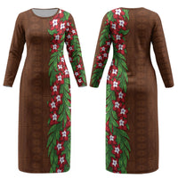 Tonga Language Week Couples Matching Long Sleeve Bodycon Dress and Hawaiian Shirt Heilala Floral Brown LT05 - Polynesian Pride