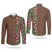 Tonga Language Week Couples Matching Off The Shoulder Long Sleeve Dress and Long Sleeve Button Shirt Heilala Floral Brown LT05 - Polynesian Pride