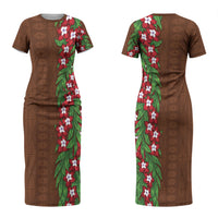 Tonga Language Week Couples Matching Short Sleeve Bodycon Dress and Hawaiian Shirt Heilala Floral Brown LT05 - Polynesian Pride