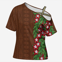 Tonga Language Week Cross Shoulder Shirt Heilala Floral Brown LT05 Female Brown - Polynesian Pride
