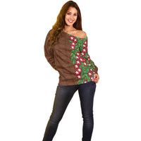 Tonga Language Week Off Shoulder Sweater Heilala Floral Brown LT05 - Polynesian Pride