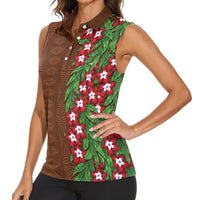 Tonga Language Week Women Sleeveless Polo Shirt Heilala Floral Brown LT05 - Polynesian Pride