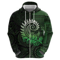 New Zealand Maori Koru Fern Zip Hoodie Spiral Polynesian Style Green