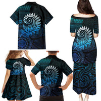 New Zealand Maori Koru Fern Family Matching Puletasi and Hawaiian Shirt Spiral Polynesian Style Aqua Gradient