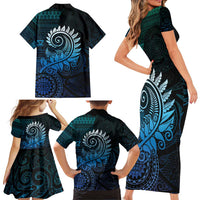 New Zealand Maori Koru Fern Family Matching Short Sleeve Bodycon Dress and Hawaiian Shirt Spiral Polynesian Style Aqua Gradient