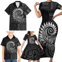 New Zealand Maori Koru Fern Family Matching Short Sleeve Bodycon Dress and Hawaiian Shirt Spiral Polynesian Style Gray
