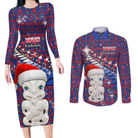Personalized New Zealand Christmas Couples Matching Long Sleeve Bodycon Dress and Long Sleeve Button Shirts Haka Fern Santa Tiki Meri Kirihimete LT05 Blue - Polynesian Pride