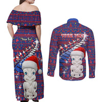 Personalized New Zealand Christmas Couples Matching Off Shoulder Maxi Dress and Long Sleeve Button Shirts Haka Fern Santa Tiki Meri Kirihimete LT05 - Polynesian Pride