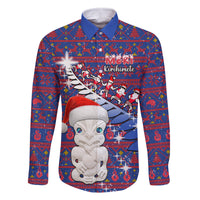 Personalized New Zealand Christmas Family Matching Long Sleeve Bodycon Dress and Hawaiian Shirt Haka Fern Santa Tiki Meri Kirihimete LT05 Dad's Shirt - Long Sleeve Blue - Polynesian Pride