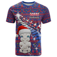 Personalized New Zealand Christmas T Shirt Haka Fern Santa Tiki Meri Kirihimete LT05 Blue - Polynesian Pride