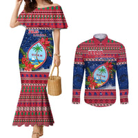 Personalized Guam Christmas Couples Matching Mermaid Dress and Long Sleeve Button Shirts Guaman Seal Poinsettia Felis Pasgua LT05 Red - Polynesian Pride