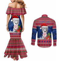 Personalized Guam Christmas Couples Matching Mermaid Dress and Long Sleeve Button Shirts Guaman Seal Poinsettia Felis Pasgua LT05 - Polynesian Pride