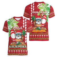 Personalised Hawaii Christmas Women V-Neck T-Shirt Funny Santa Claus Surf Mele Kalikimaka