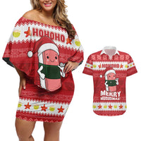 Hawaii Funny Christmas Couples Matching Off Shoulder Short Dress and Hawaiian Shirt Spam Musubi Santa