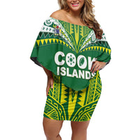 Cook Islands Rugby Custom Off Shoulder Short Dress The Kukis Go Champions LT05 Women Green - Polynesian Pride