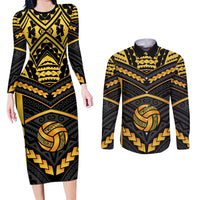 Custom Polynesia Beach Volleyball Couples Matching Long Sleeve Bodycon Dress and Long Sleeve Button Shirt Gold Polynesian Tribal Pattern - Polynesian Pride