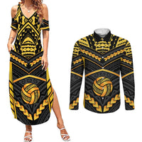 Custom Polynesia Beach Volleyball Couples Matching Summer Maxi Dress and Long Sleeve Button Shirt Gold Polynesian Tribal Pattern - Polynesian Pride