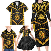 Custom Polynesia Beach Volleyball Family Matching Long Sleeve Bodycon Dress and Hawaiian Shirt Gold Polynesian Tribal Pattern - Polynesian Pride