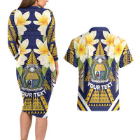 Personalised Nauru Independence Day Couples Matching Long Sleeve Bodycon Dress and Hawaiian Shirt Coat Of Arms With Plumeria - Polynesian Pride