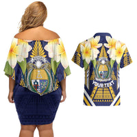 Personalised Nauru Independence Day Couples Matching Off Shoulder Short Dress and Hawaiian Shirt Coat Of Arms With Plumeria - Polynesian Pride