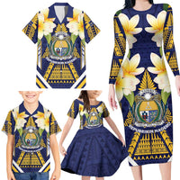 Personalised Nauru Independence Day Family Matching Long Sleeve Bodycon Dress and Hawaiian Shirt Coat Of Arms With Plumeria - Polynesian Pride