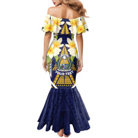 Personalised Nauru Independence Day Family Matching Mermaid Dress and Hawaiian Shirt Coat Of Arms With Plumeria - Polynesian Pride