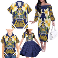 Personalised Nauru Independence Day Family Matching Off The Shoulder Long Sleeve Dress and Hawaiian Shirt Coat Of Arms With Plumeria - Polynesian Pride