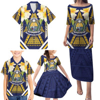 Personalised Nauru Independence Day Family Matching Puletasi and Hawaiian Shirt Coat Of Arms With Plumeria - Polynesian Pride