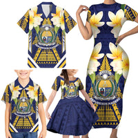 Personalised Nauru Independence Day Family Matching Short Sleeve Bodycon Dress and Hawaiian Shirt Coat Of Arms With Plumeria - Polynesian Pride