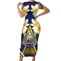 Personalised Nauru Independence Day Family Matching Short Sleeve Bodycon Dress and Hawaiian Shirt Coat Of Arms With Plumeria - Polynesian Pride