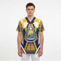 Personalised Nauru Independence Day Scrub Top Coat Of Arms With Plumeria LT05 - Polynesian Pride
