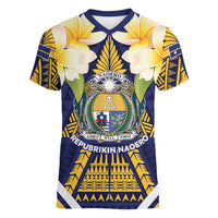 Personalised Nauru Independence Day Women V-Neck T-Shirt Coat Of Arms With Plumeria - Polynesian Pride