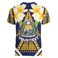Personalised Nauru Independence Day Women V-Neck T-Shirt Coat Of Arms With Plumeria - Polynesian Pride