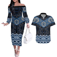 New Zealand Aotearoa Couples Matching Off The Shoulder Long Sleeve Dress and Hawaiian Shirt Blue Taniko Art Maori Pattern