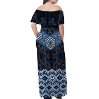 New Zealand Aotearoa Off Shoulder Maxi Dress Blue Taniko Art Maori Pattern