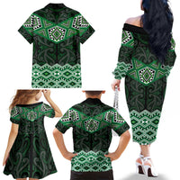 New Zealand Aotearoa Family Matching Off The Shoulder Long Sleeve Dress and Hawaiian Shirt Green Taniko Art Maori Pattern