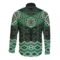 New Zealand Aotearoa Long Sleeve Button Shirt Green Taniko Art Maori Pattern