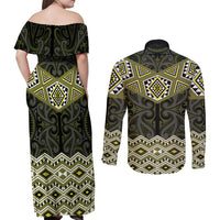 New Zealand Aotearoa Couples Matching Off Shoulder Maxi Dress and Long Sleeve Button Shirt Yellow Taniko Art Maori Pattern