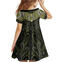 New Zealand Aotearoa Family Matching Off Shoulder Short Dress and Hawaiian Shirt Yellow Taniko Art Maori Pattern